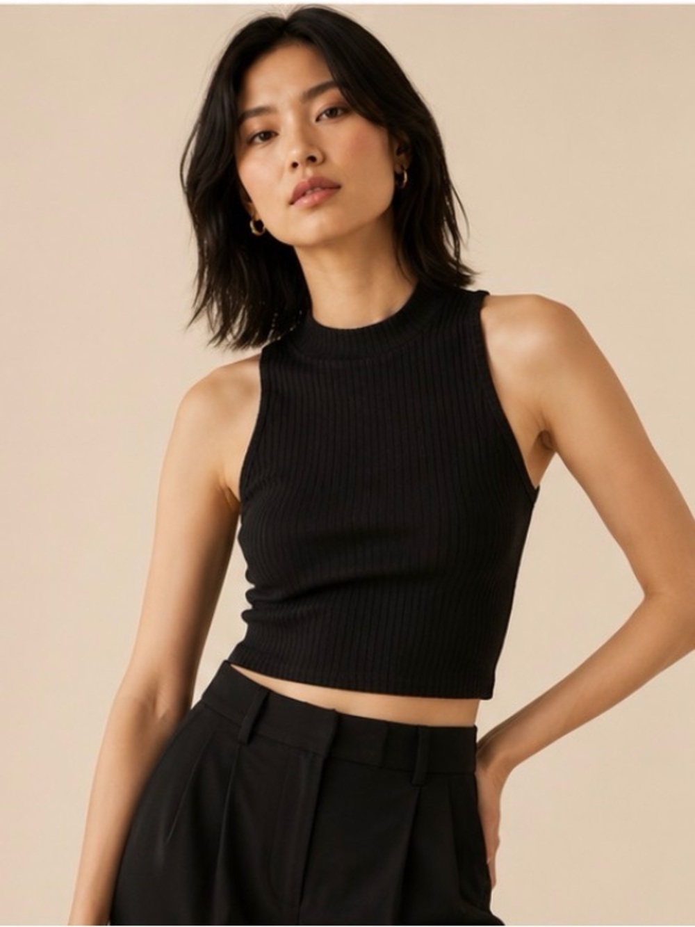 SHEIN Black Ribbed Mock Neck Crop Top Size L